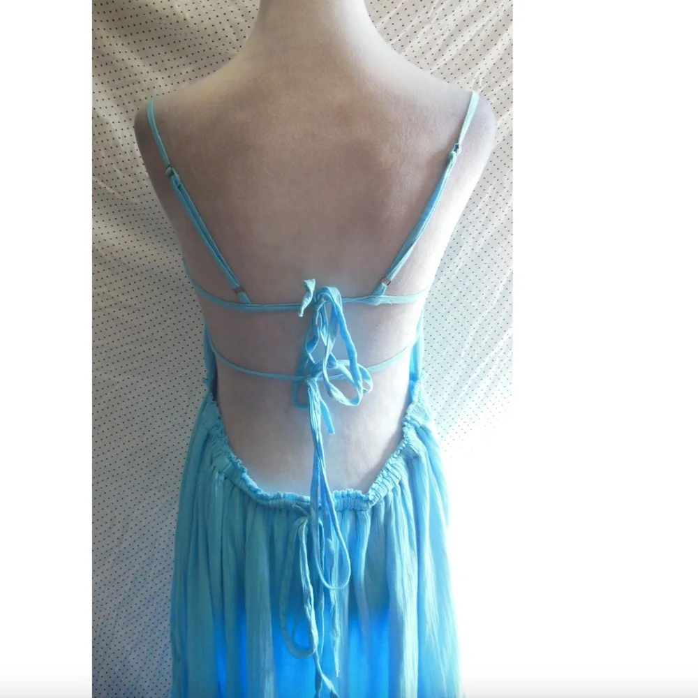 NEW FREE PEOPLE Turquoise AQUA Taking Sides TIERED Cotton OPEN BACK Maxi DRESS L - Picture 12 of 16